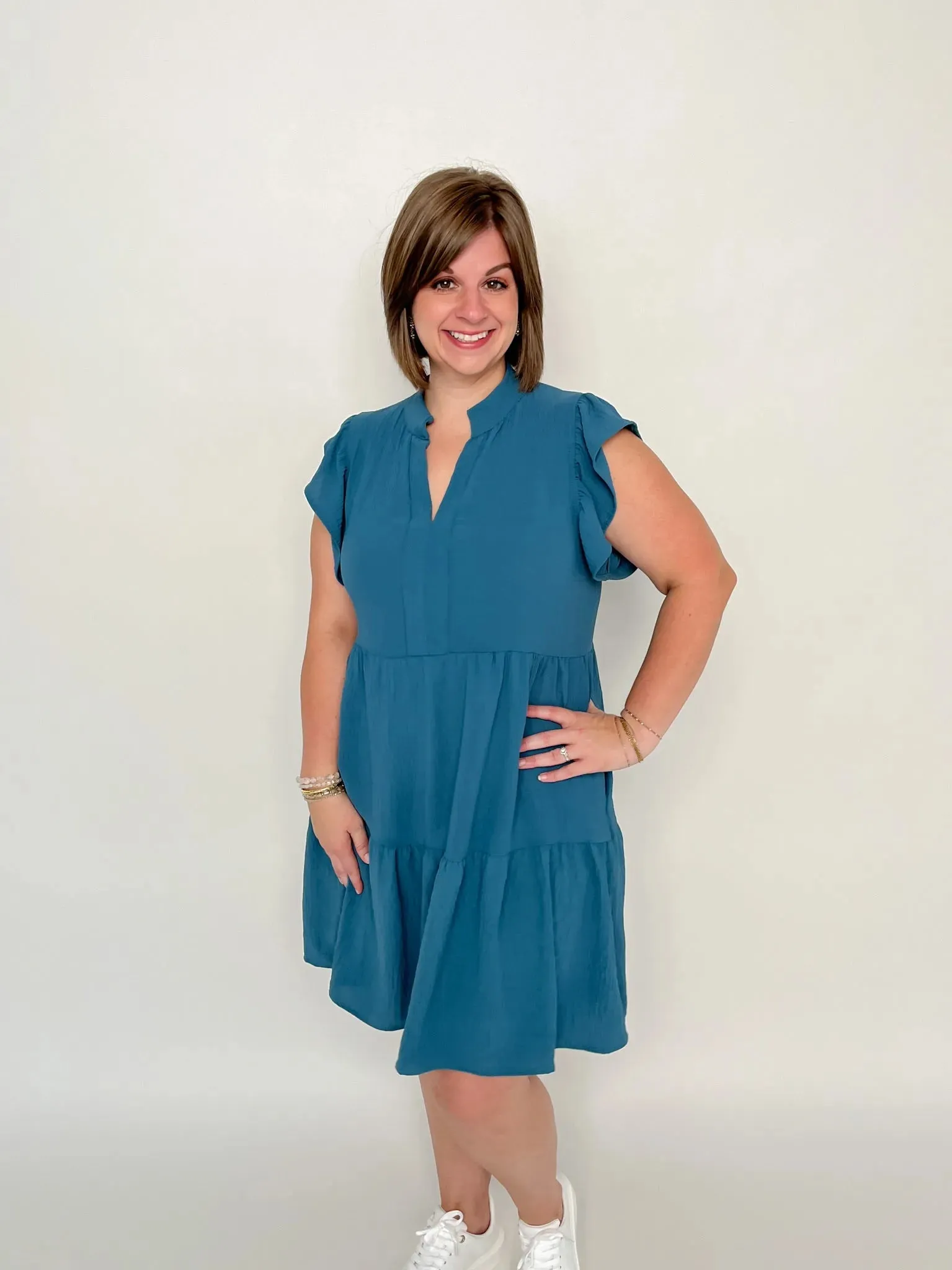 Teal Ruffle Sleeve Tiered Dress