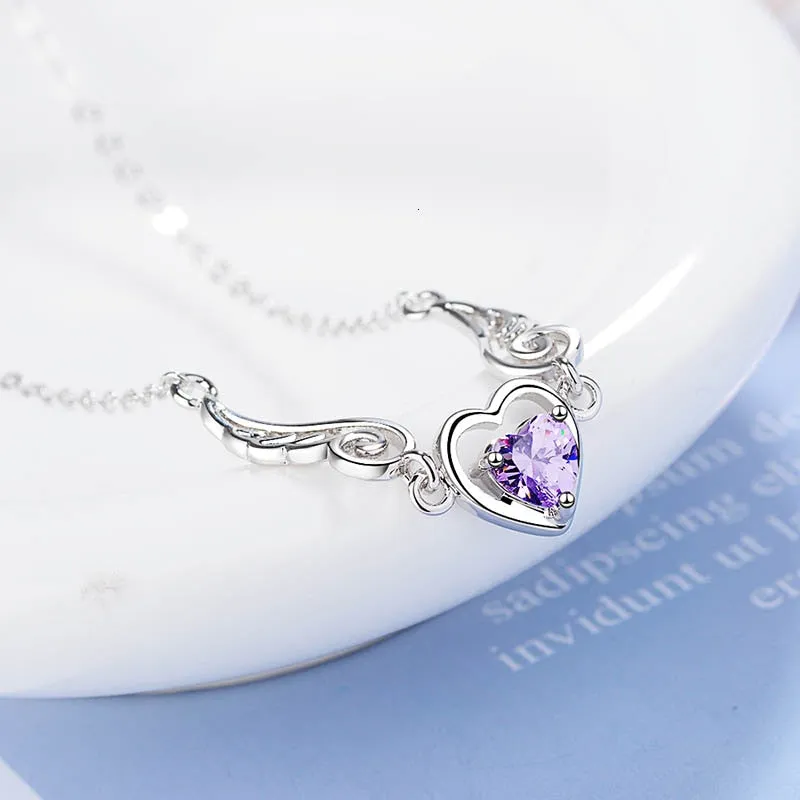 Trendy S925 Silver Jewelry Heart-shaped Amethyst Gemstones Pendants Necklace for Women