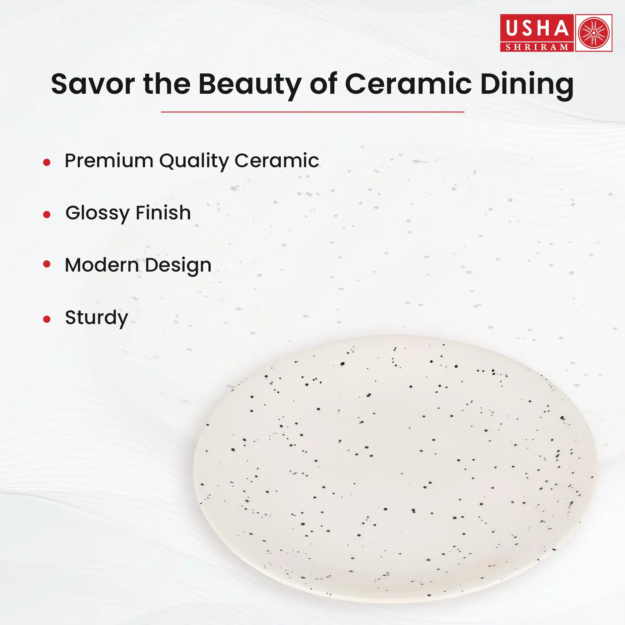 USHA SHRIRAM Ceramic Full Dinner Plate (10 Inch - White with Dots) Microwave Safe Plates | Chip Resistant Dinnerware |Dinner Plate for Family Occasion | House Warming Gift | Ceramic Plates for Dinner