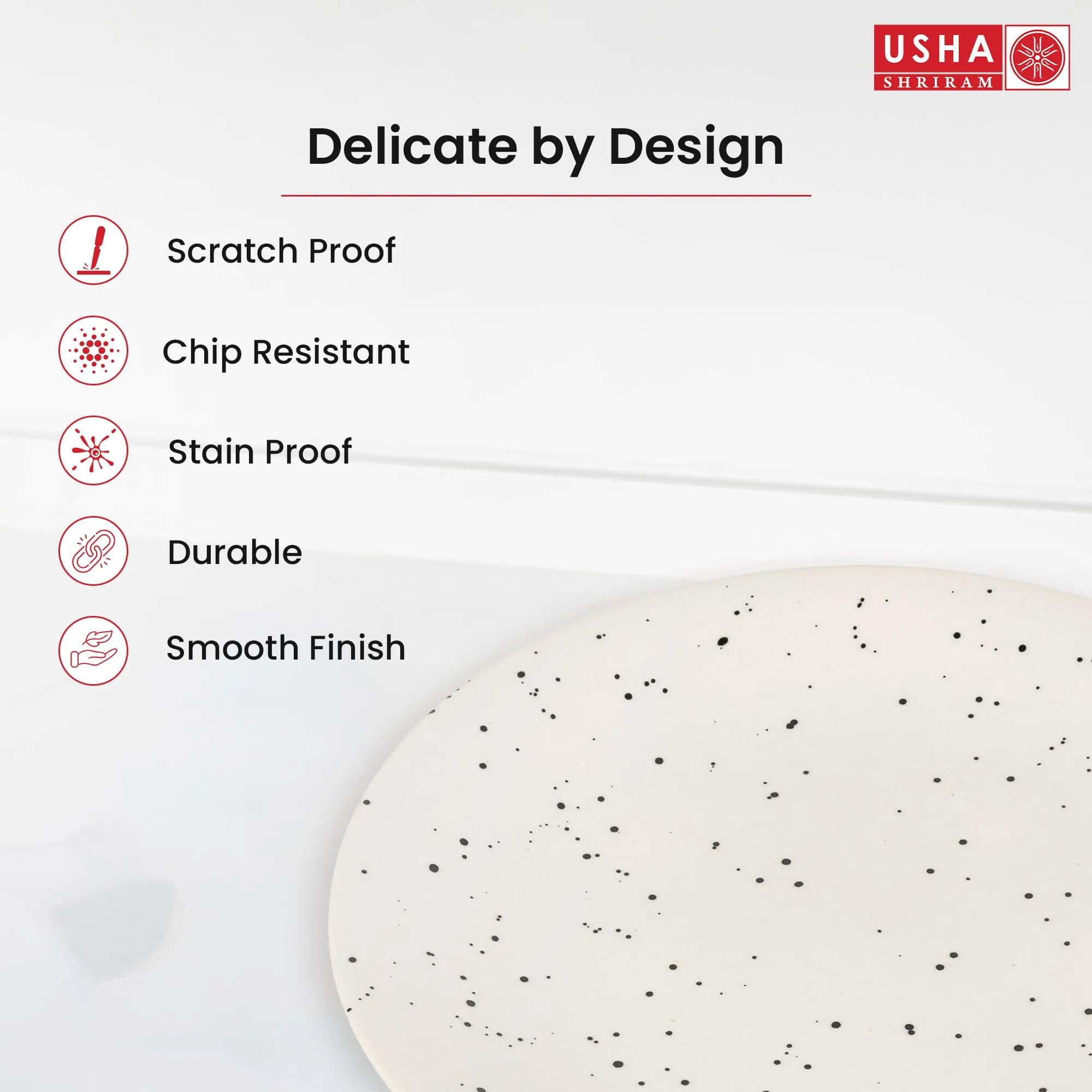 USHA SHRIRAM Ceramic Full Dinner Plate (10 Inch - White with Dots) Microwave Safe Plates | Chip Resistant Dinnerware |Dinner Plate for Family Occasion | House Warming Gift | Ceramic Plates for Dinner