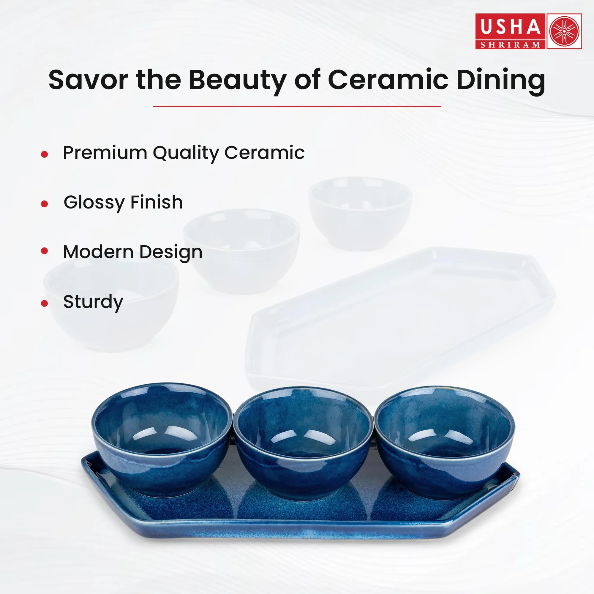 USHA SHRIRAM Ceramic Snacks Serving Bowls Set with Tray | Microwave Safe |Ceramic Serving Platter | Ceramic Bowl for Serving | Dry Fruit Tray for Serving | Platters Serving Set for Snacks