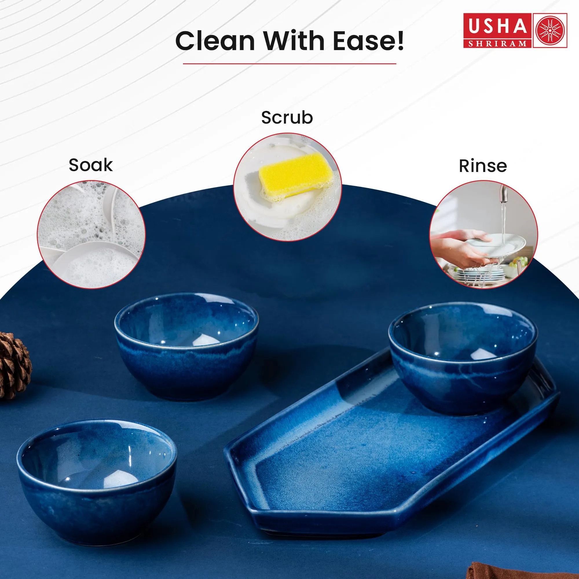 USHA SHRIRAM Ceramic Snacks Serving Bowls Set with Tray | Microwave Safe |Ceramic Serving Platter | Ceramic Bowl for Serving | Dry Fruit Tray for Serving | Platters Serving Set for Snacks