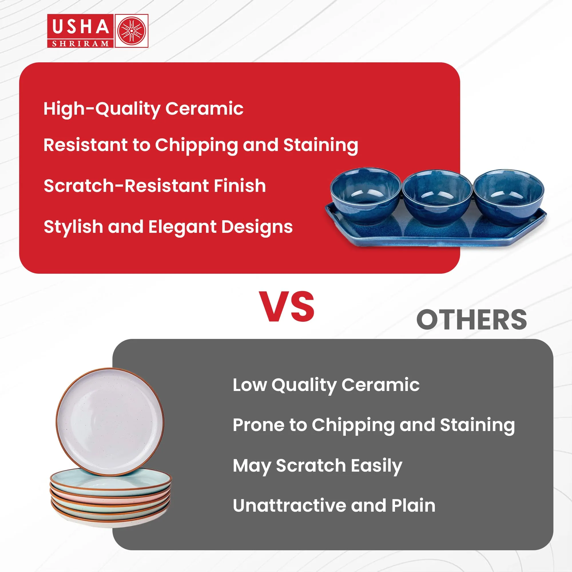 USHA SHRIRAM Ceramic Snacks Serving Bowls Set with Tray | Microwave Safe |Ceramic Serving Platter | Ceramic Bowl for Serving | Dry Fruit Tray for Serving | Platters Serving Set for Snacks