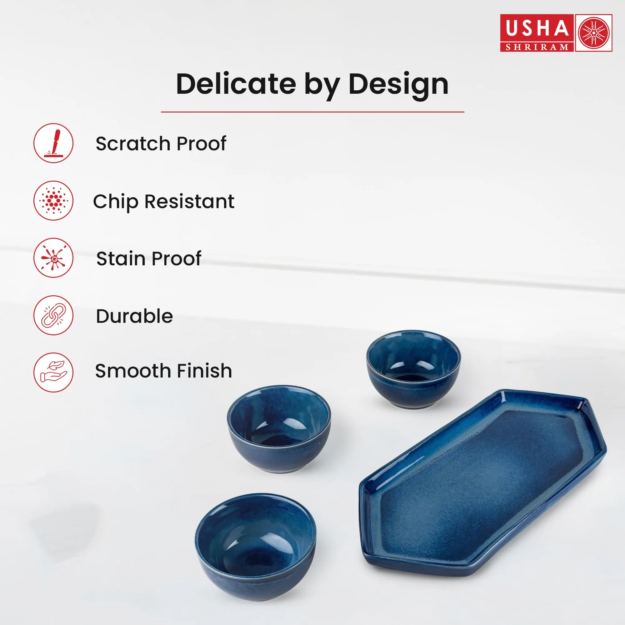 USHA SHRIRAM Ceramic Snacks Serving Bowls Set with Tray | Microwave Safe |Ceramic Serving Platter | Ceramic Bowl for Serving | Dry Fruit Tray for Serving | Platters Serving Set for Snacks