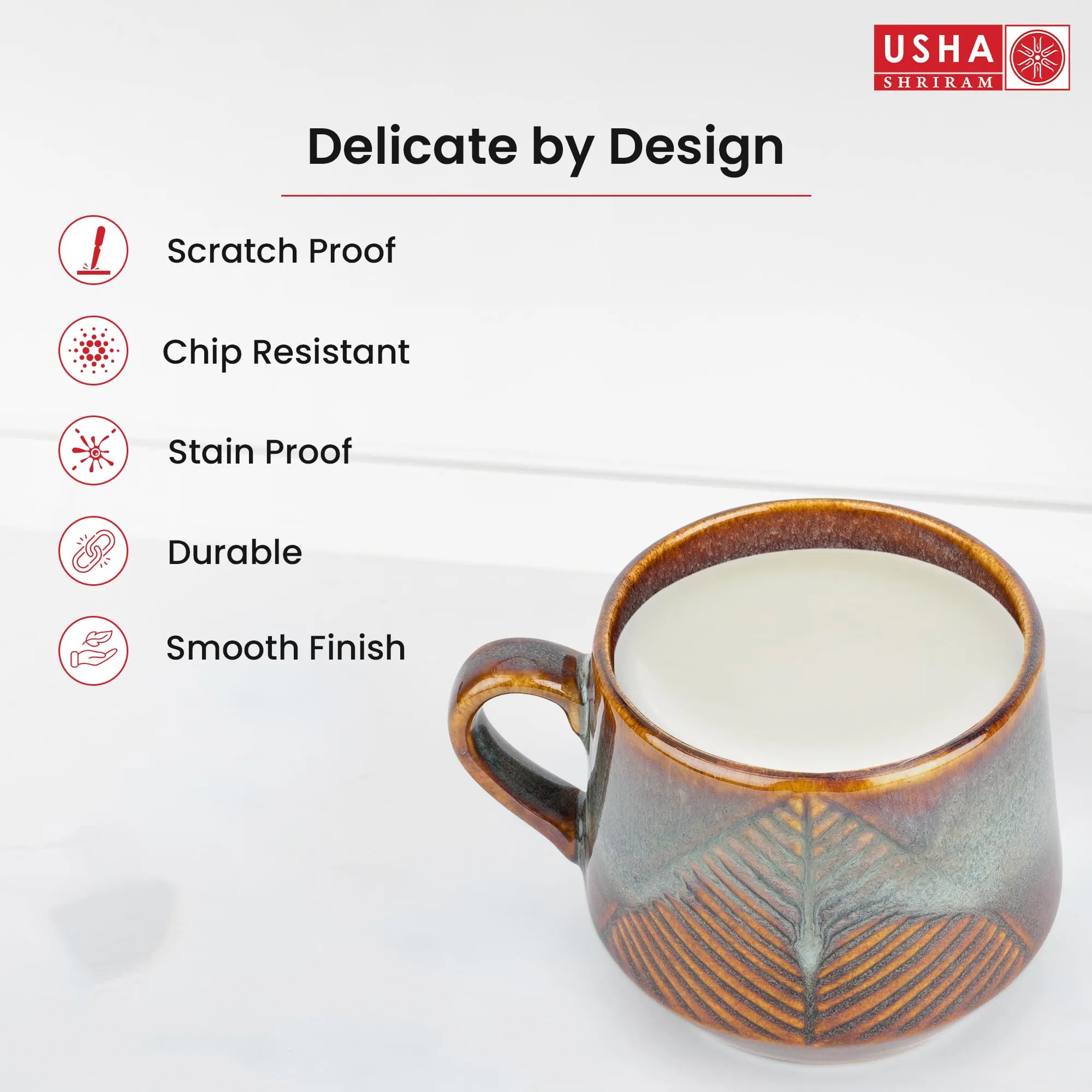 USHA SHRIRAM Ceramic Tea & Coffee Cup | Coffee Mug Microwave Safe | Refrigerator Safe | Scratch Resistant | Stain Proof | Dinnerware | Dinner Plate for Family Occasion | Diwali Gift Set (Design 5)