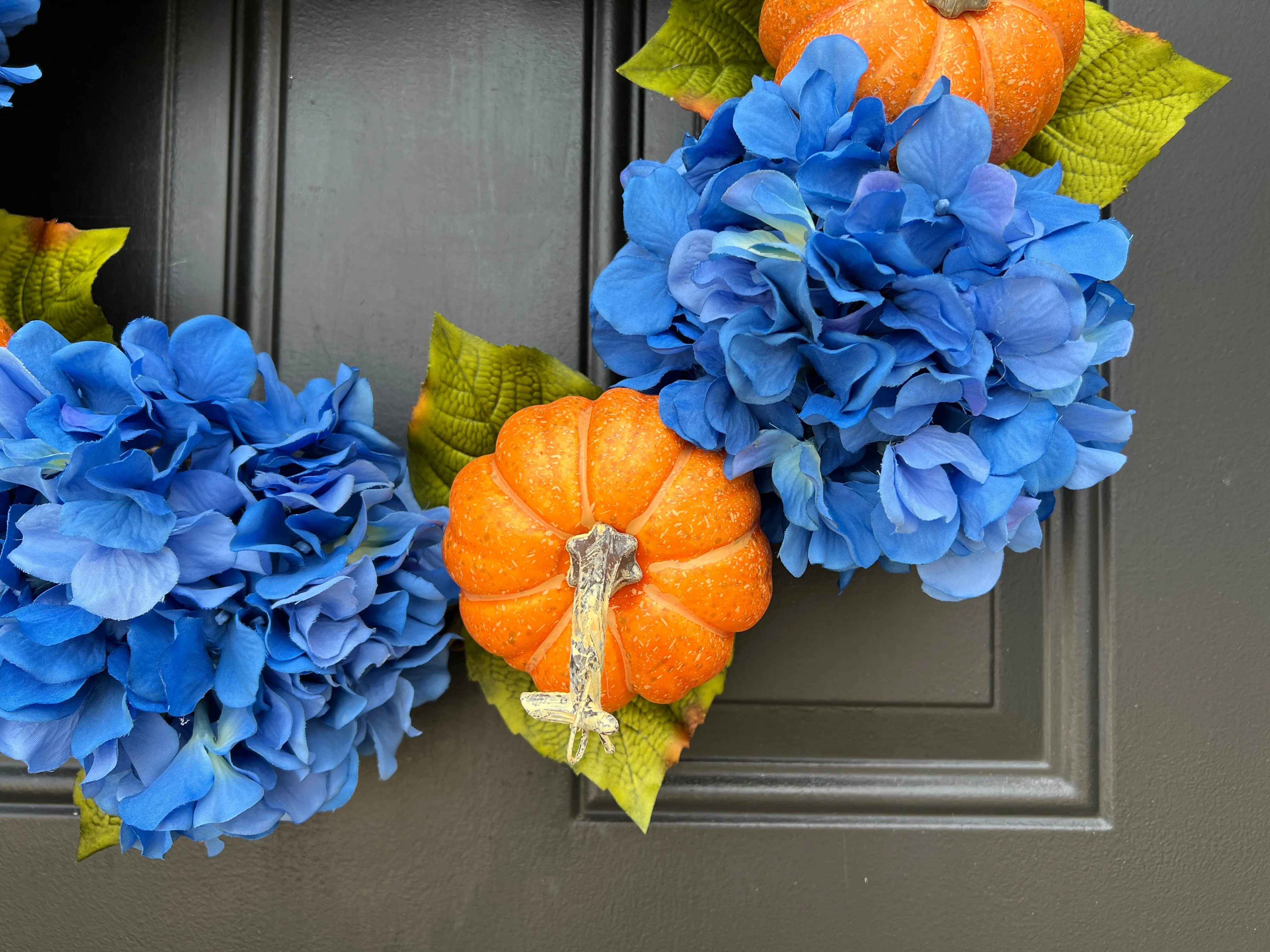 Vibrant Orange Pumpkin and Blue Hydrangea Wreath