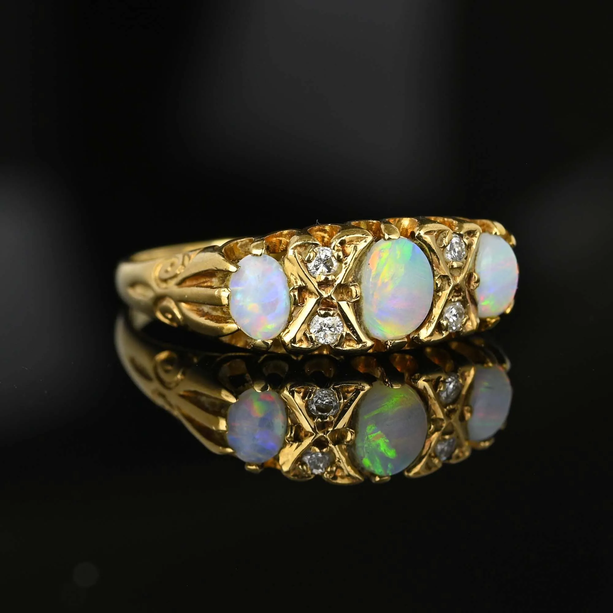 Vintage Gold Diamond and Opal Three Stone Ring Band