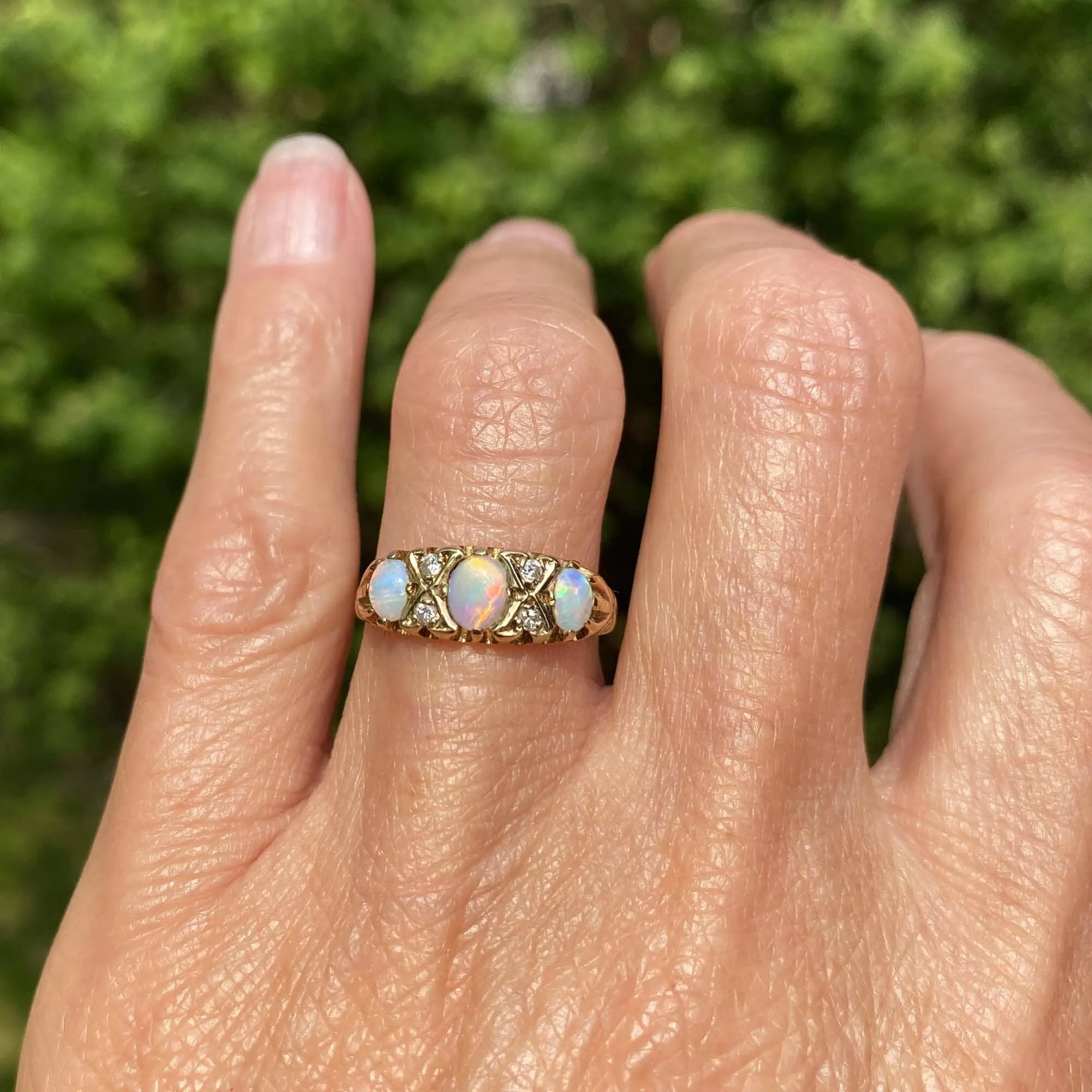 Vintage Gold Diamond and Opal Three Stone Ring Band