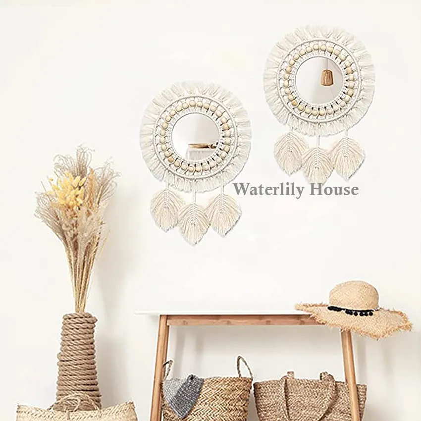 Waterlily House - Hanging Wall Mirror-Boho Macrame Fringe Art Ornament for Apartment Home Bedroom Living Room Round Decorative Mirror with Wood Beads Feather Pendant.