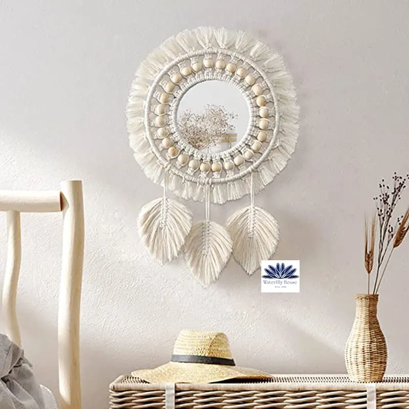 Waterlily House - Hanging Wall Mirror-Boho Macrame Fringe Art Ornament for Apartment Home Bedroom Living Room Round Decorative Mirror with Wood Beads Feather Pendant.