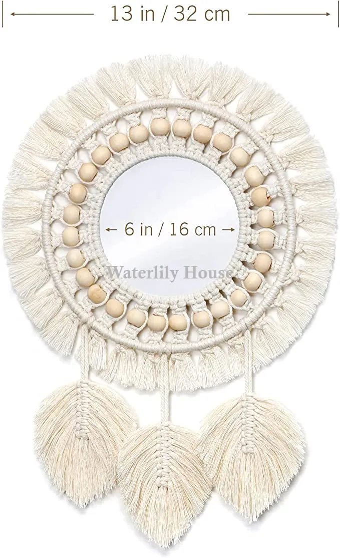 Waterlily House - Hanging Wall Mirror-Boho Macrame Fringe Art Ornament for Apartment Home Bedroom Living Room Round Decorative Mirror with Wood Beads Feather Pendant.