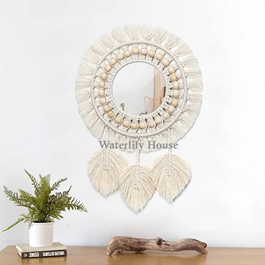 Waterlily House - Hanging Wall Mirror-Boho Macrame Fringe Art Ornament for Apartment Home Bedroom Living Room Round Decorative Mirror with Wood Beads Feather Pendant.