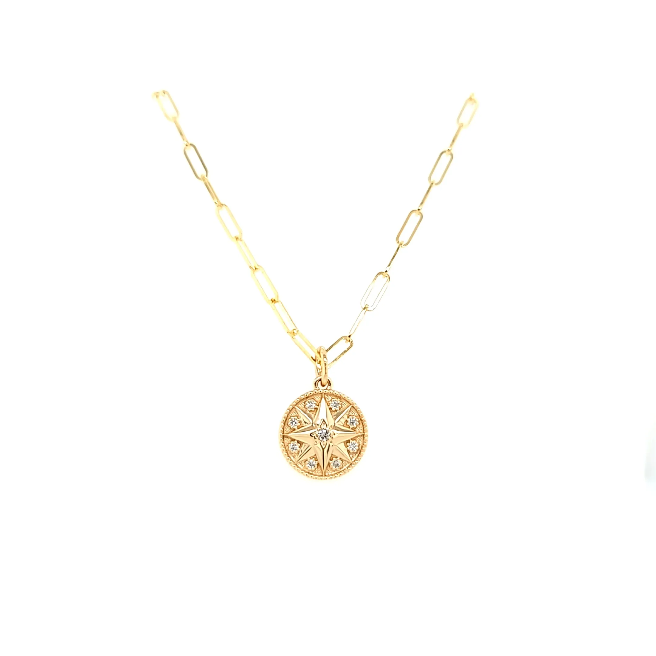 Yellow Gold Diamond Compass Medallion Necklace (I7830)