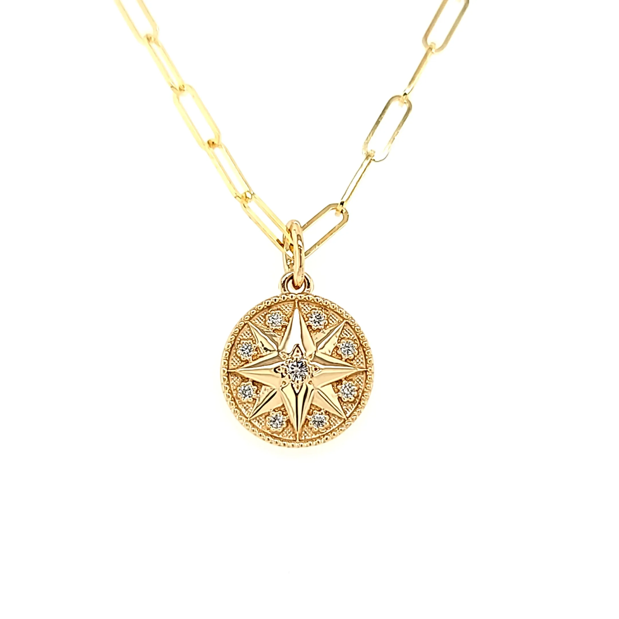 Yellow Gold Diamond Compass Medallion Necklace (I7830)